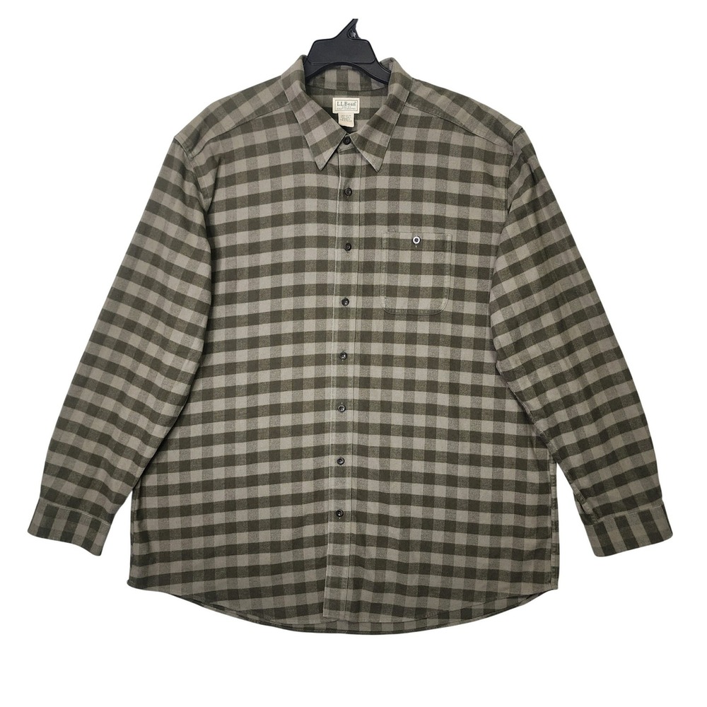 L.L.Bean Men's XXL Tall Flannel Plaid Shirt Olive Green Gray Long Sleeve